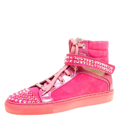 Pre-owned Le Silla Pink Suede And Patent Leather Crystal Embellished Cap Toe High Top Sneakers Size 40