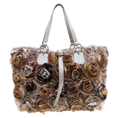 Pre-owned Valentino Garavani Gery Fabric And Leather Flower Tote In Grey