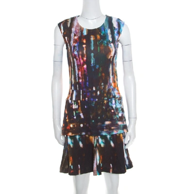 Pre-owned Mcq By Alexander Mcqueen Blurry Lights Printed Jersey Sleeveless Peplum Dress S In Multicolor