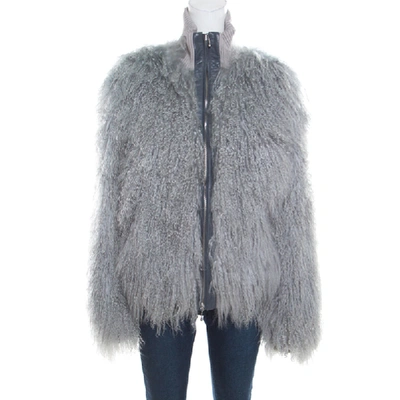 Pre-owned Alexander Mcqueen Mcq By  Slate Grey Crimped Faux Fur Bomber Jacket L