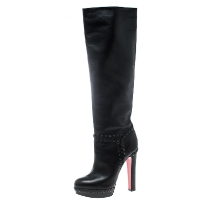 Pre-owned Christian Louboutin Black Leather Braided Detail Knee Length Boots Size 39