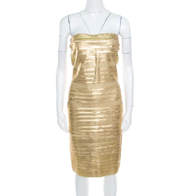Pre-owned Blumarine Metallic Gold Foil Printed Textured Strapless Bodycon Dress M