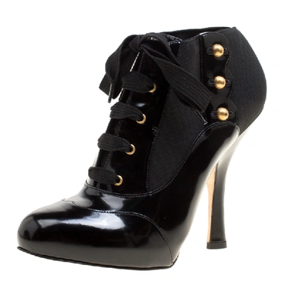 Pre-owned Dolce & Gabbana Black Leather/stretch Fabric Stud Detail Lace Up Ankle Booties Size 38.5