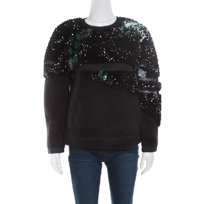 Pre-owned Fendi Black Fleece Wool And Alpaca Blend Crystal Embellished Long Sleeve Jumper S
