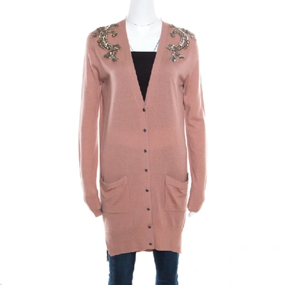 Pre-owned Matthew Williamson Caramel Brown Wool Cashmere Embellished Button Front Cardigan S