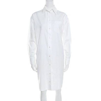 Pre-owned Hermes White Cotton Button Front Shirt Dress S