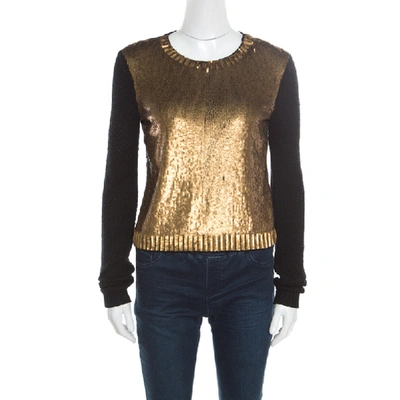 Pre-owned Ralph Lauren Collection Silk Knit Sequined Panel Front Crew Neck Jumper S In Gold