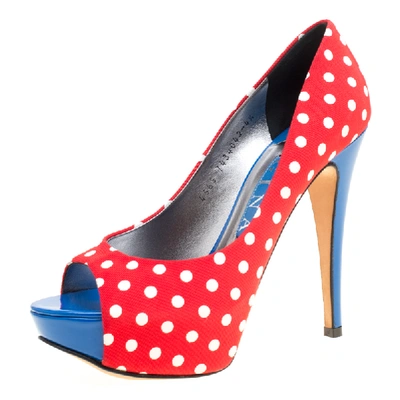 Pre-owned Gina Tricolor Polka Dot Print Canvas Peep Toe Platform Pumps Size 37.5 In Multicolor