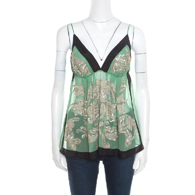 Pre-owned Etro Green Sheer Silk Sequined Floral Applique Detail Babydoll Top L