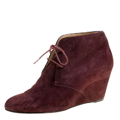 Pre-owned Christian Louboutin Wine Suede Compacta Wedge Heel Lace Up Boots Size 38 In Burgundy