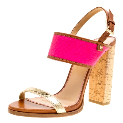 Pre-owned Dsquared2 Tricolor Embossed Python Leather Cork Block Heel Sandals Size 41 In Pink