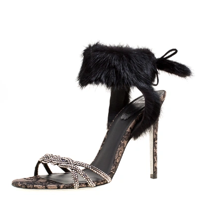 Pre-owned René Caovilla Ren&eacute; Caovilla Black Crystal Embellished Satin With Fur Ankle Cuff Open Toe Sandals Size 39