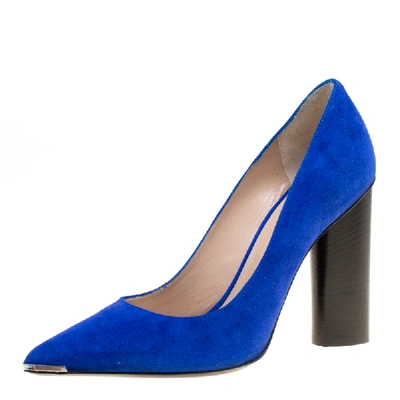 Pre-owned Barbara Bui Cobalt Blue Suede Metal Pointed Toe Block Heel Pumps Size 37