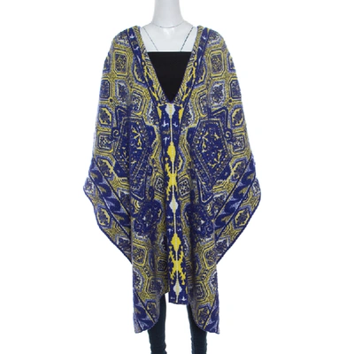 Pre-owned Emilio Pucci Blue And Neon Yellow Patterned Jacquard Knit Poncho S