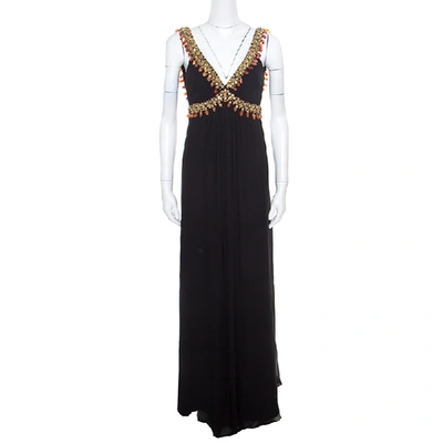 Pre-owned Temperley London Black Silk Chiffon Embellished Bodice Sleeveless Evening Gown S In Beige