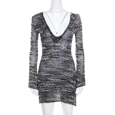 Pre-owned Missoni M  Monochrome Chevron Patterned Perforated Knit Flared Sleeve Tunic S In Black