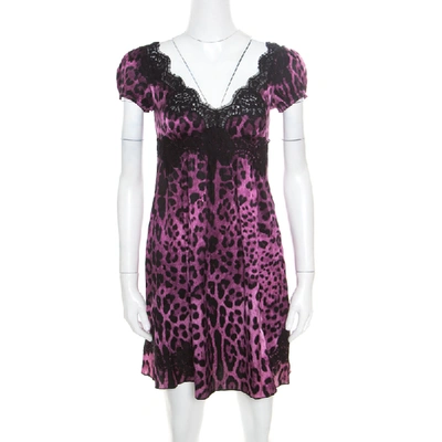 Pre-owned Dolce & Gabbana Purple And Black Animal Printed Lace Insert Baby Doll Dress S