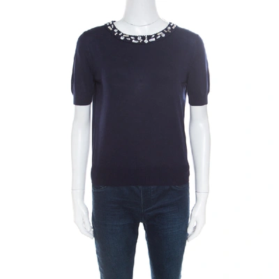 Pre-owned Dior Christian  Navy Blue Cotton Silk Crystal Embellished Collar Sweater Top M