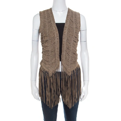 Pre-owned Roberto Cavalli Brown Suede Perforated Fringed Vest S