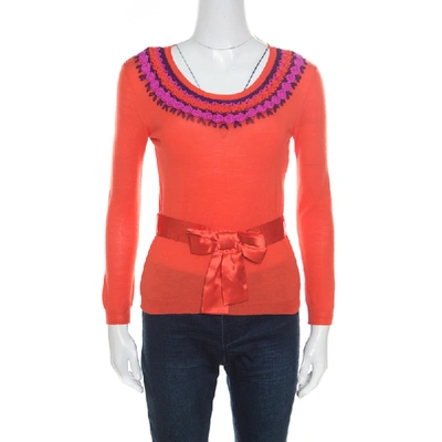 Pre-owned Dior Orange Wool And Silk Crochet Neck Detail Belted Sweater M