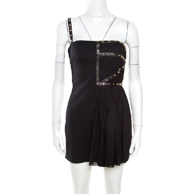 Pre-owned Versace Black Jersey Plisse Overlay Studded One Shoulder Mini Dress S