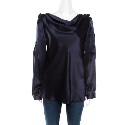 Pre-owned Oscar De La Renta Navy Blue Satin Cowl Neck Long Sleeve Blouse L