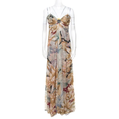 Pre-owned Valentino Vintage Multicolor Floral And Hexagon Print Layered Silk Chiffon Gown L