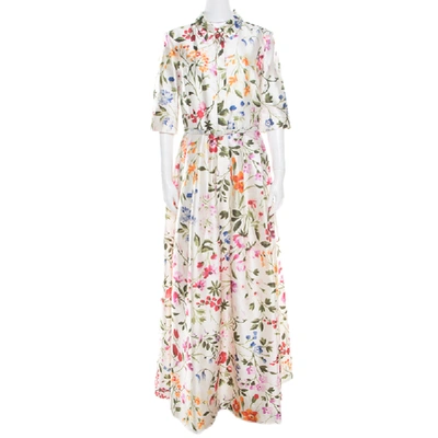 Pre-owned Oscar De La Renta Osca De La Renta White Floral Printed Belted Maxi Dress L