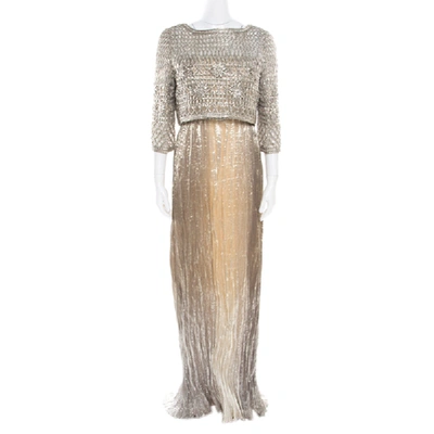 Pre-owned Oscar De La Renta Gold Lurex Pleated Strapless Dress And Textured Jacket Set L In Metallic