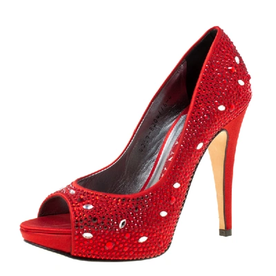 Pre-owned Gina Red Satin Crystal Embellished Peep Toe Platform Pumps Size 37