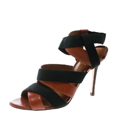 Pre-owned Fendi Brown Leather And Black Elastic Strappy Sandals Size 40