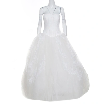 Pre-owned Vera Wang Off White Lace And Tulle Strapless Wedding Gown L