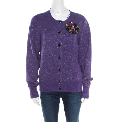 Pre-owned Chanel Purple Lurex Knit Cashmere Embellished Button Cardigan L