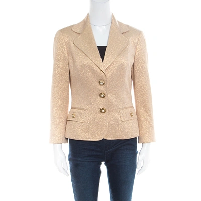 Pre-owned Dolce & Gabbana Matte Gold Cloque Faux Pearl Embedded Button Front Blazer M