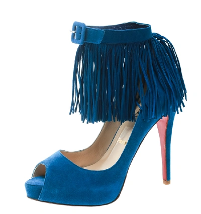 Pre-owned Christian Louboutin Cobalt Blue Suede Tina Fringe Detail Ankle Strap Peep Toe Pumps Size 37
