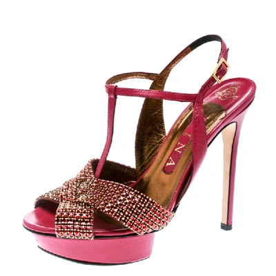 Pre-owned Gina Pink Crystal Embellished Leather T Strap Platform Sandals Size 38