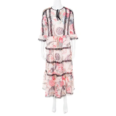 Pre-owned Temperley London Almond Dotted Jacquard Dobby Shire Printed Tiered Midi Dress M In Beige