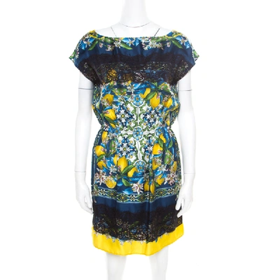 Pre-owned Dolce & Gabbana Lemon Mosaic Printed Silk Lace Trim Tunic Dress M In Multicolor