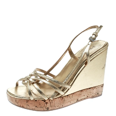 Pre-owned Prada Gold Leather Sligback Platform Wedge Sandals Size 36