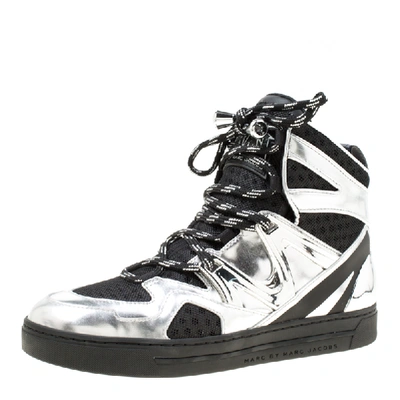 Pre-owned Marc By Marc Jacobs Metallic Silver/black Leather And Mesh High Top Trainers Size 38