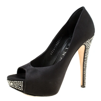Pre-owned Gina Black Satin Crystal Embellished Peep Toe Platform Pumps Size 37
