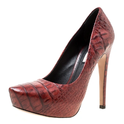 Pre-owned Prada Maroon Croc Embossed Leather Platform Pumps Size 36 In Red  | ModeSens