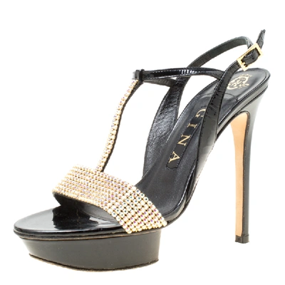 Pre-owned Gina Black Patent Leather Crystal Embellished Platform Sandals Size 37