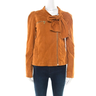 Pre-owned Mulberry Tan Brown Suede Floppy Bow Detail Biker Jacket S