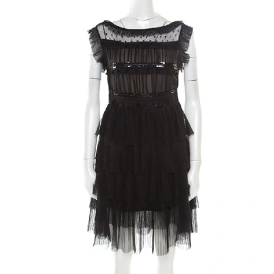 Pre-owned Red Valentino Black Tulle Embellished Sheer Yoke Detail Plisse Tiered Dress S