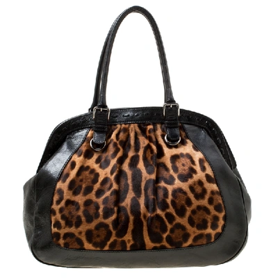 Pre-owned Dolce & Gabbana Black/brown Leopard Print Calf Hair And Leather Miss Romantique Satchel