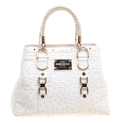 Pre-owned Versace White Ostrich Leather Snap Out Of It Tote