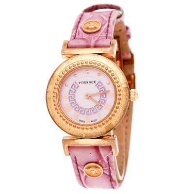 Pre-owned Versace Purple Gold Tone Stainless Steel Vanity P5q Women's Wristwatch 35 Mm