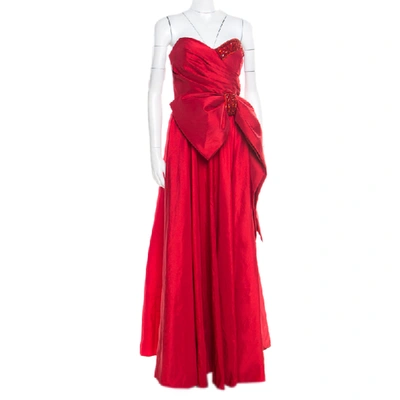 Pre-owned Marchesa Notte Red Embellished Trim Bow Detail Strapless Gown M