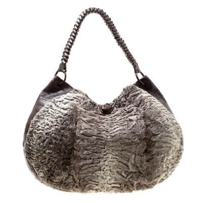 Pre-owned Nancy Gonzalez Grey/brown Fur And Crocodile Hobo